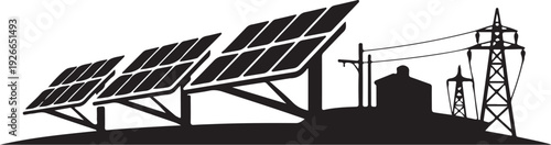 Solar panels on a hill with power lines and transmission tower