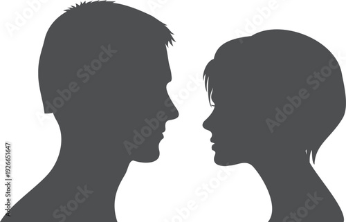 Boyfriend and girlfriend face together. Black head silhouettes