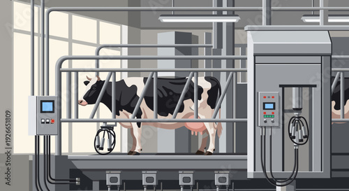 Modern dairy farm equipment for milking cows, suitable for agricultural use and presentations