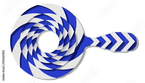 A vector illustration of a blue and white lollipop with a spiral design on a stick viewed from the side