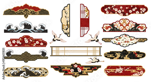 Elegant Japanese decorative design elements collection featuring traditional motifs like cherry blossoms, cranes, and waves, perfect for cultural branding and artistic projects