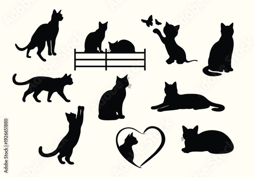 Cat Silhouette Vector Pack, Playing, Sitting, Heart Cat for Vinyl Cutting, Halloween and Logo Design.
