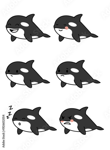 Set of six cute killer whale or orca faces showing different emotions like happy sleepy angry sad and surprised expression icons