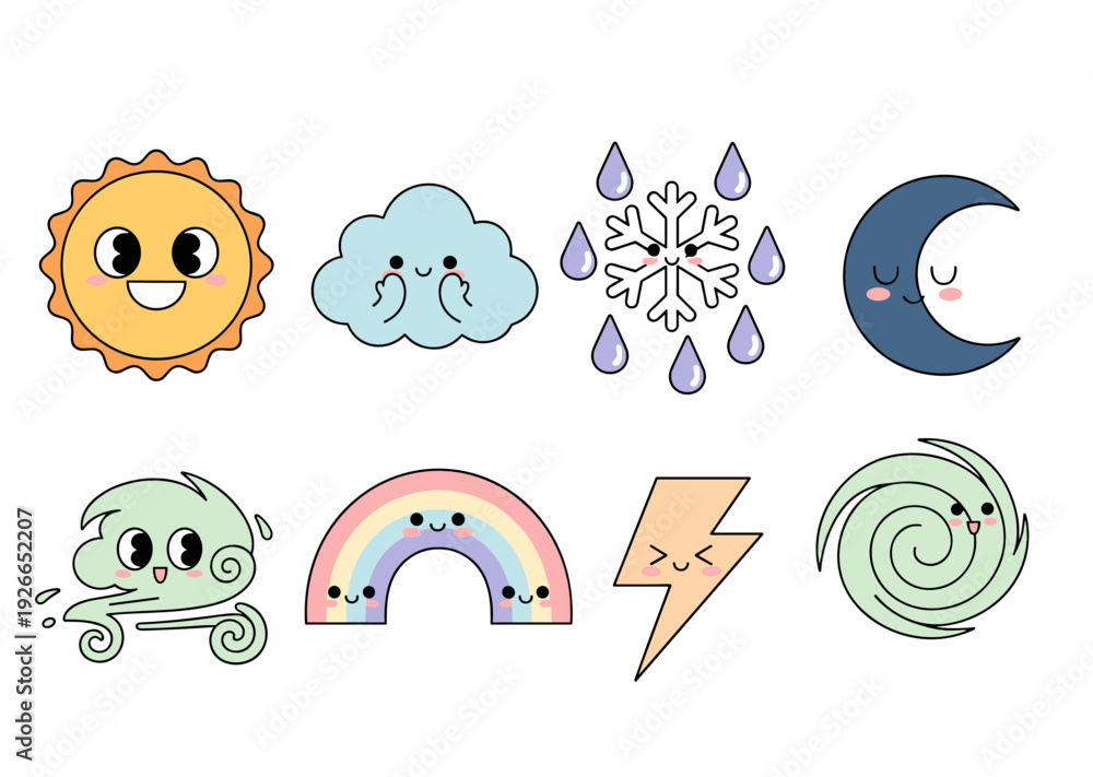 Fototapeta premium Cute weather character icons with happy faces including sun cloud snowflake moon wind rainbow lightning and tornado for children education