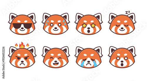 Red panda emoji faces showing various emotions including happy sad angry surprised sleeping and wearing sunglasses for social media stickers
