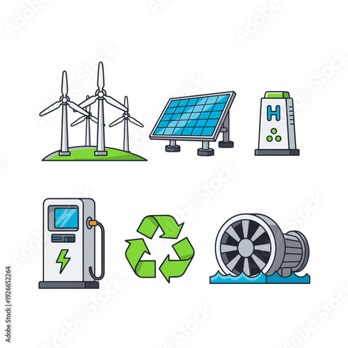 Vector icon set representing renewable energy sources and sustainability concepts like wind solar hydro hydrogen and recycling symbol