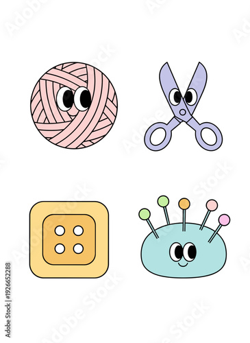 Cute kawaii sewing and crafting tools collection vector illustration set featuring yarn ball scissors button and pincushion with happy faces on white background