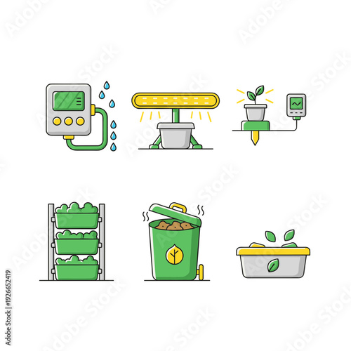 Smart farming and vertical gardening icons set featuring automated irrigation system light therapy compost bin and plant monitoring technology tools