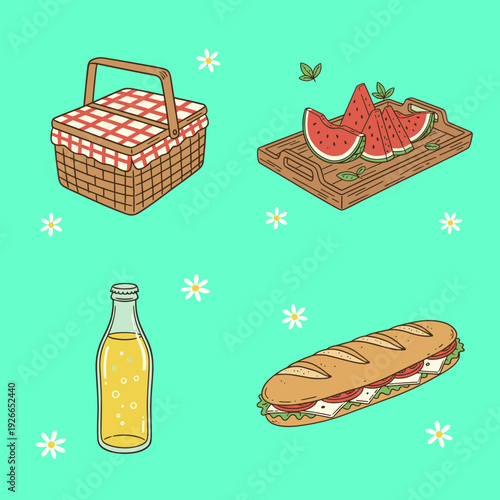 Picnic set illustration including a wicker basket watermelon slices on a tray a bottle of juice and a fresh baguette sandwich on green background