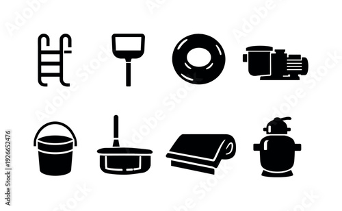 Swimming pool equipment: pool ladder, pool skimmer, pool float, pool pump, chlorine bucket, pool net, pool cover, pool filter