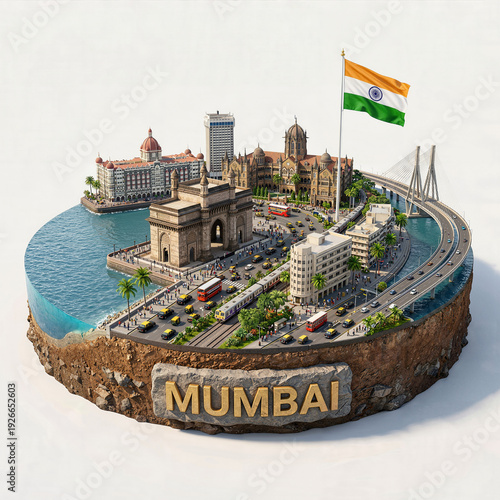 India Mumbai miniature isometric diorama. Gateway Monument, Taj Mahal Palace Hotel, Chhatrapati Shivaji Maharaj Terminus, Bandra Worli Sea Link. Cultural heritage tourism architecture landmark