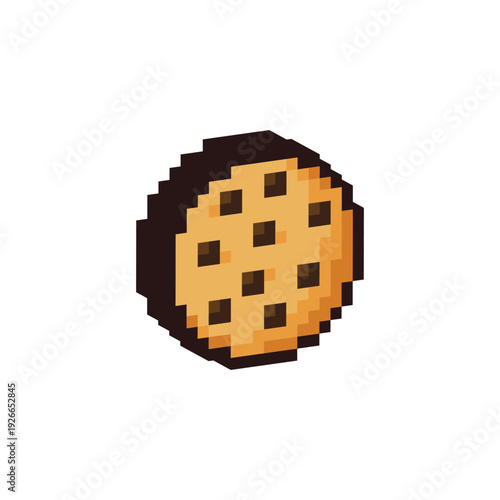 3D isometric pixel art chocolate chip cookie 8 bit vector icon for computer game, logo
