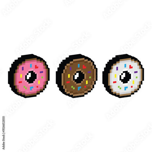3D isometric pixel art donut with sprinkles 8 bit vector icon for computer game, logo