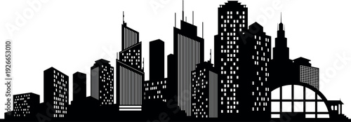 City street with black tower skyscraper urban panorama