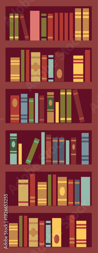 Bookcase cartoon illustration. Library wooden shelves with books