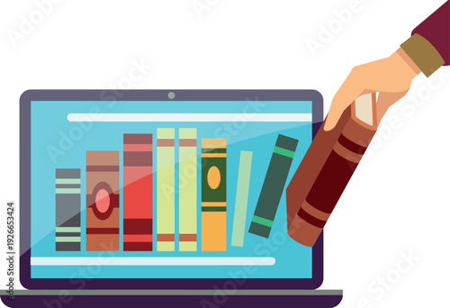 Electronic library concept. Hand take book from screen