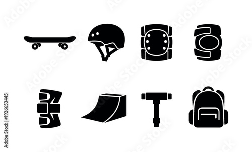 Skateboarding equipment: skateboard, helmet, knee pad, elbow pad, wrist guard, skate ramp, tool wrench, backpack