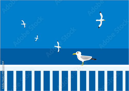 Foto 青い空と海の水平線とカモメのイラスト