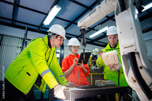 Team of engineers  checking the operation of a robot arm manufacturing machine and welding robots in a production process at an industrial factory.