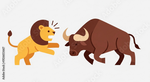 Lion and bull facing each other in aggressive postures conveying conflict and power struggle in a cartoon style
