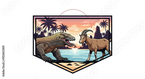Dinosaur and goat facing each other on a tropical beach at sunset palm trees in background wildlife scene