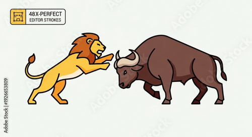 Lion and buffalo facing each other in confrontation cartoon style wildlife scene symbolic animal illustration