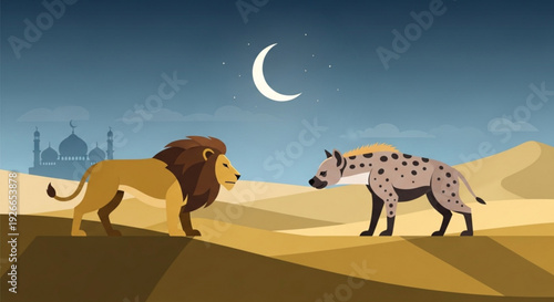 Lion and spotted hyena facing each other in desert landscape under crescent moon with distant mosque silhouette
