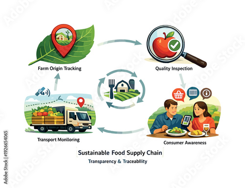 Sustainable food supply chain transparency and farm-to-table tracking in responsible agriculture initiatives, highlighting origin verification