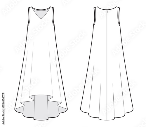 Fashion technical drawing of midi sleeveless dress