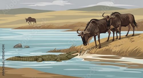 Wildebeests cautiously approach water's edge as crocodile lurks below savannah landscape with rolling hills and dry grass