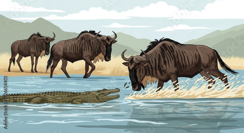 Wildebeests crossing river with crocodile wildlife scene with savannah animals nature landscape