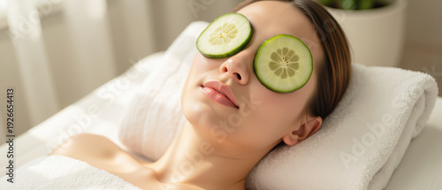 Woman spa cucumber relaxation skincare beauty wellness facial serene healthy skin rejuvenation lying down peaceful pampering self care natural