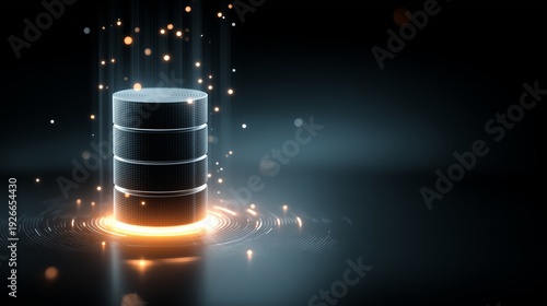 Stacked cylindrical database server towers with glowing orange rings emit floating light particles, representing enterprise big data architecture, cloud computing scalability, hyperscale colocation