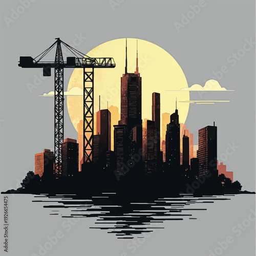 Crane Construction Silhouette Cityscape Urban Development Scene.