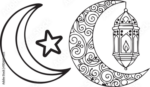 Elegant Eid Mubarak Calligraphy Vector with Crescent Moon and Islamic Lantern Line Art Illustration