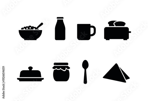 Home breakfast essentials: cereal bowl, milk bottle, coffee mug, toaster, butter dish, jam jar, teaspoon, napkin