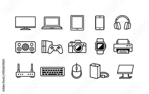 Electronics retail store items: television, laptop, tablet, smartphone, headphones, speaker, game console, camera, smartwatch, printer, router