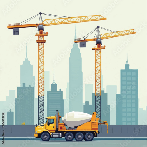 Yellow Cement Mixer Truck with Cranes.