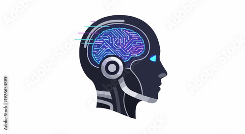 Conceptual depiction of artificial intelligence, a futuristic robotic head with a glowing circuit board brain, representing advanced machine learning and cognitive technology evolution