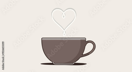 Simple flat illustration of a cozy coffee cup with charming heart-shaped steam, symbolizing warmth, love, and comfort in every delightful sip of a hot beverage, perfect for a relaxing break