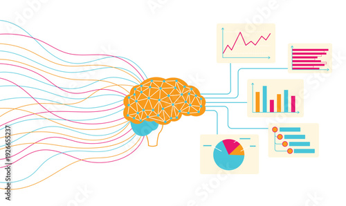 Artificial intelligence digital brain transforming various data streams to business charts, graphs, and infographics. Concept of machine learning and big data analysis.