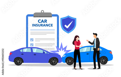 car insurance business protection with paper check. car service concept and shield. vector illustration flat design