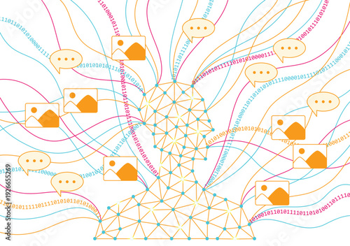 Artificial intelligence collecting various data streams symbolized by binary code, image icons, and speech bubbles. Artificial neural network in human silhouette
