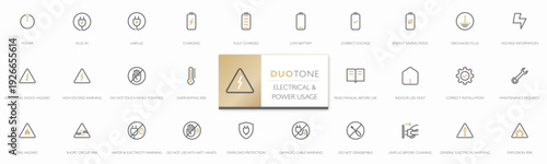 Modern electrical and power usage icon set with minimalist duotone line style. Includes instruction and warning symbols for appliances, batteries, voltage, safety. Editable stroke. Vector Illustration