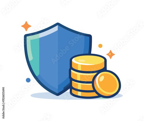 Personal long term wealth protection plan and diversified safety strategy securing assets against market volatility, a simple shield icon combined