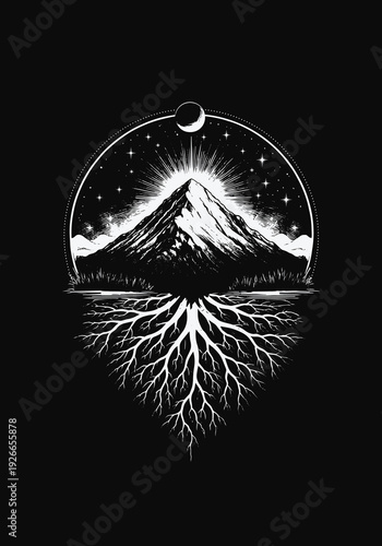 Mystical mountain with deep roots and celestial moon, engraving style