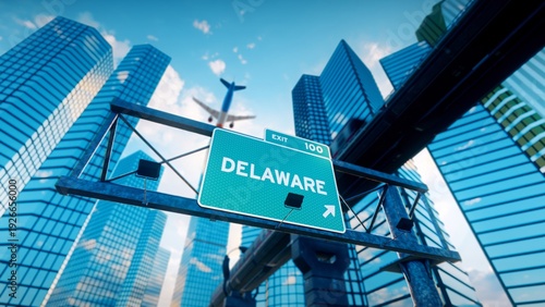 Delaware Road Sign, Modern City and Airplane Landing