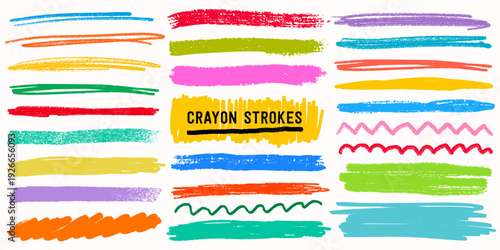 Crayon line highlight scribble box text underline set in bright red blue green yellow pink and purple on white background. Crayon line highlight strokes in rough texture