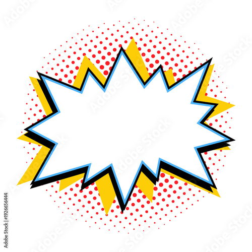 Comic starburst shape with blank center, burst with yellow rays and red halftone dots in retro pop art vector style. Starburst shape burst sticker for promo banners and sale labels
