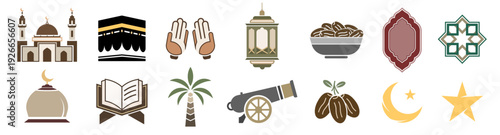 Modern Islamic Ramadan and Eid Symbols Set Design on White Background, Vector illustration